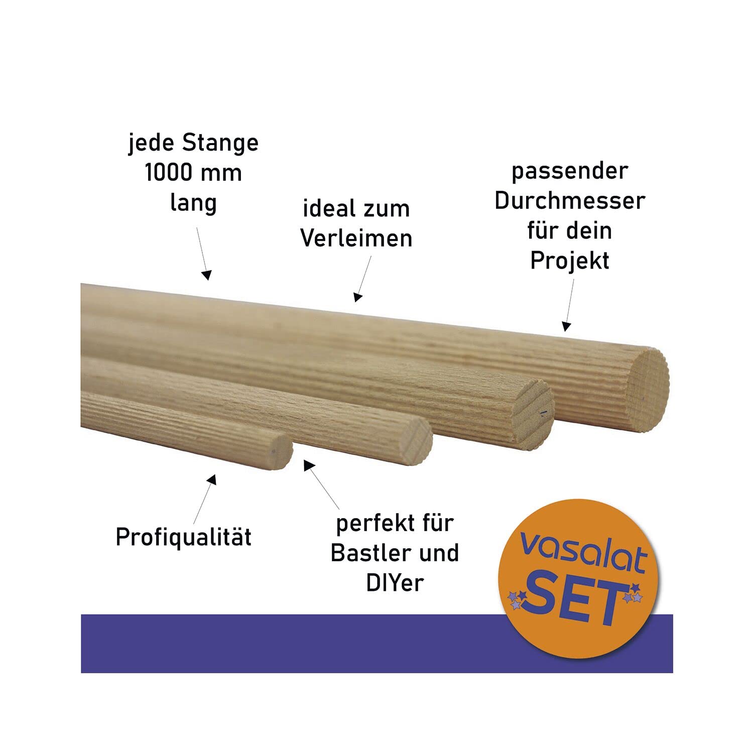 vasalat Set di bastoncini di legno per il fai da te, 100 cm x 12 mm, ideali per progetti fai da te, bastoncini in legno di faggio non verniciato, scanalati, 12 pezzi