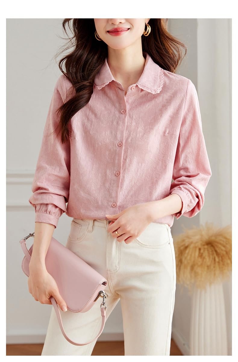 Camisas De Manga Larga De Algodón para Mujer, Blusa Tipo Túnica De Jacquard con Botones Y Ribete De Encaje Y Solapa Azul, Informal, Ajustada, para Uso Diario, Estilo Camisola Elegante.