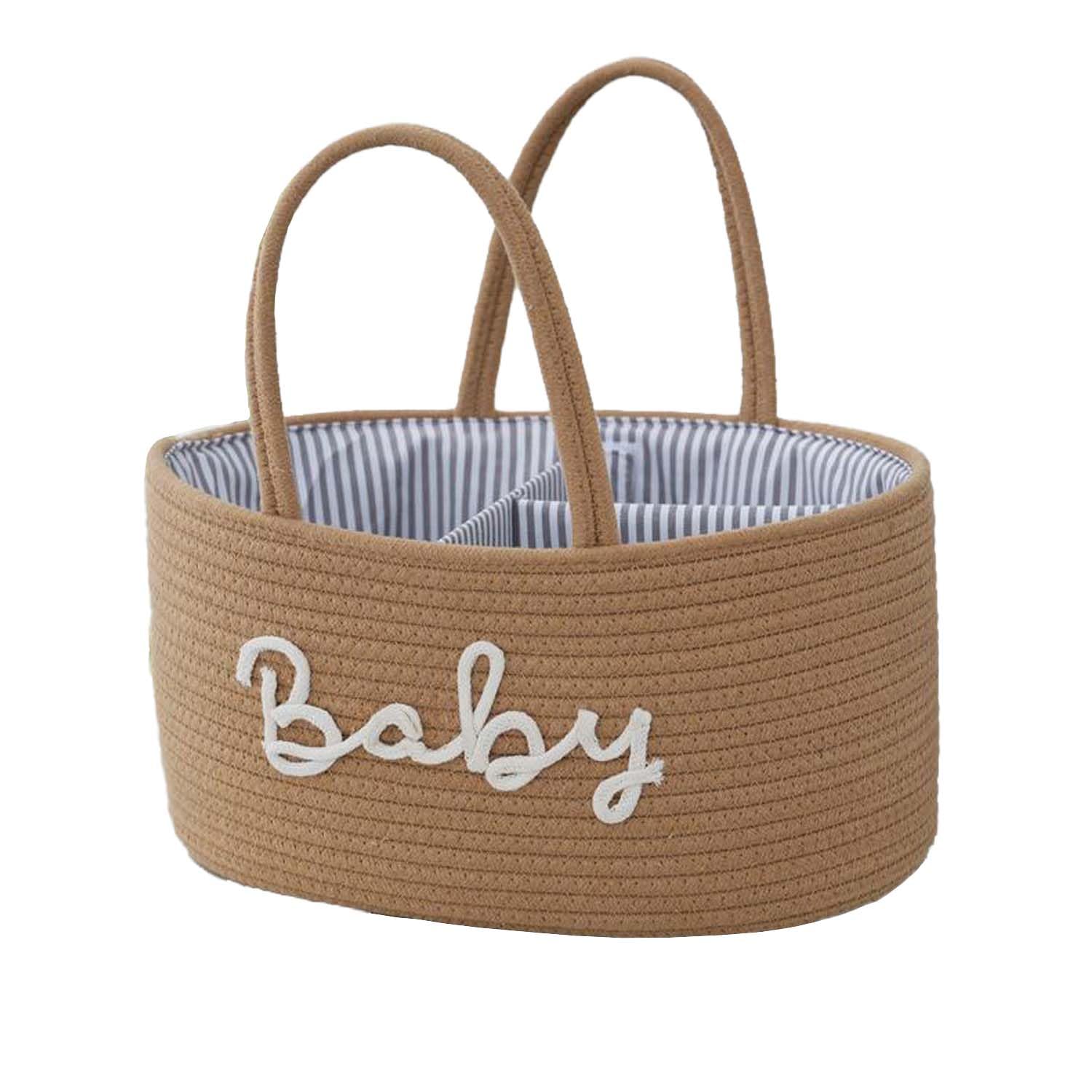 Kamuavni Diaper Caddy Organizer, Cotton Rope Baby Storage Basket, Nursery Diaper Organizer With Divider, Portable Diaper Storage - Hemp Yellow