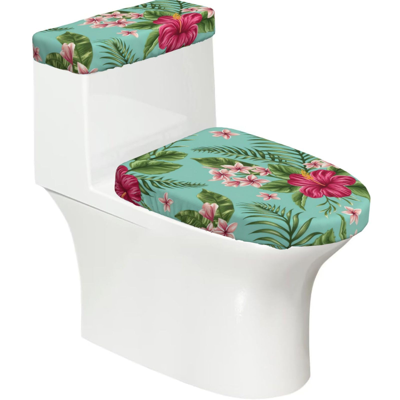 Hawaiian Tropical Leaves Flowers Printed Toilet Tank and Lid Cover Set of 2 for Most Bathrooms, Fits Elongated Round Toilets