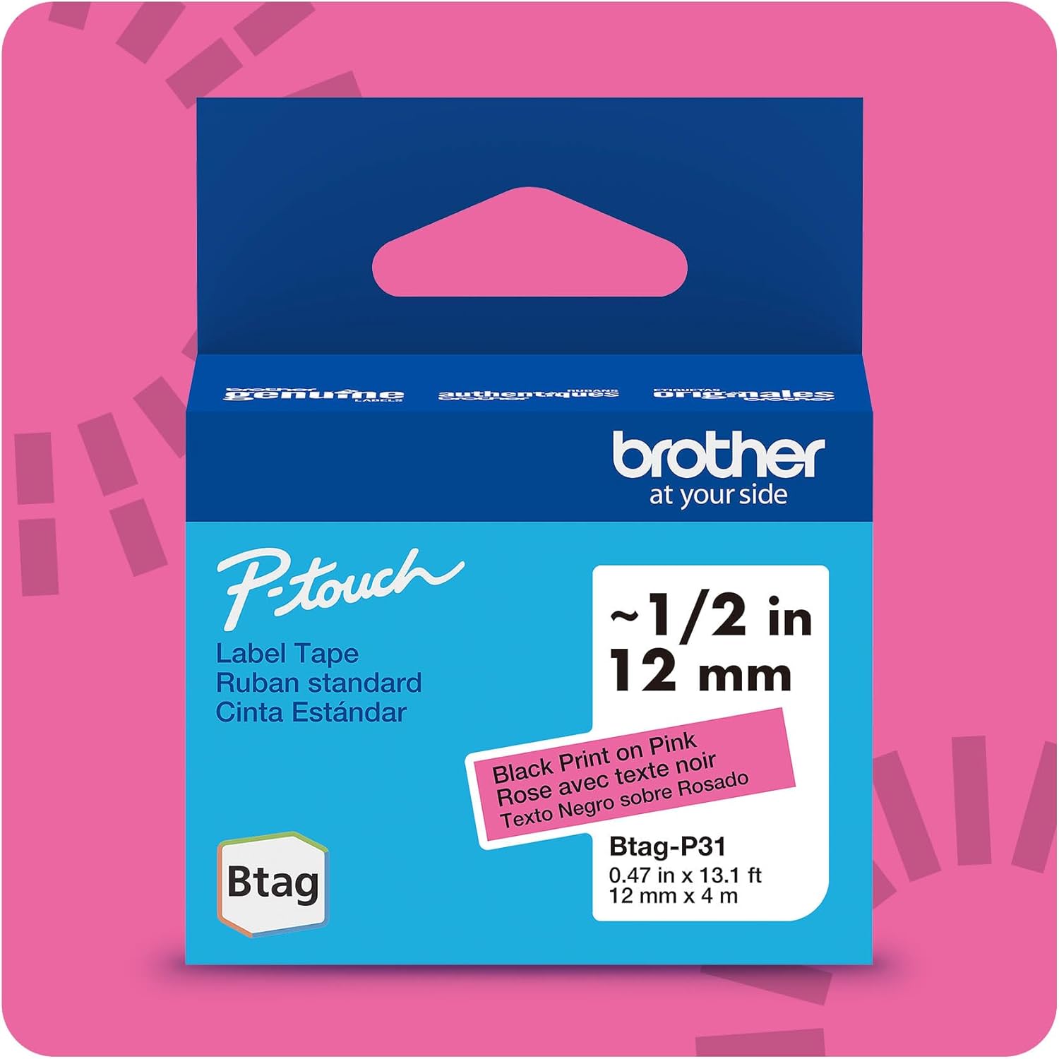 Brother Genuine P-Touch Btag BTAGP31 Black on Pink Label Tape ~1/2in by 13.1ft (12mm x 4m)