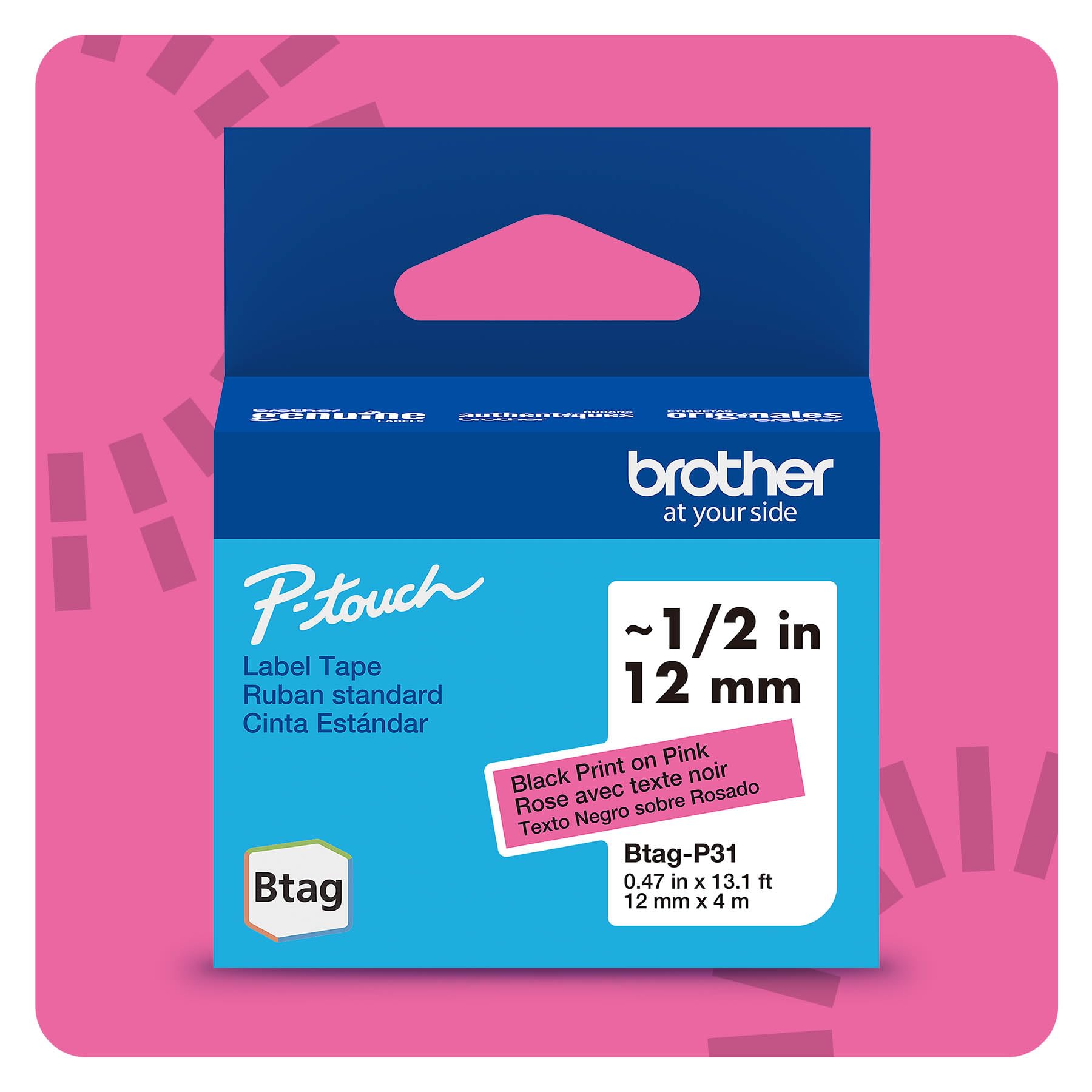 Brother Genuine P-Touch Btag BTAGP31 Black on Pink Label Tape ~1/2in by 13.1ft (12mm x 4m)