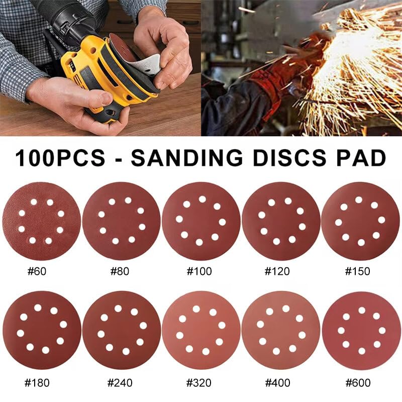VIDOO Papier Ścierny Okrągły 125mm 5 Cali 8 Otworów Tarcze Szlifierskie na Rzep dla Polerowania Metalu Drewna i Usuwania Rdzy-100Pcs #180