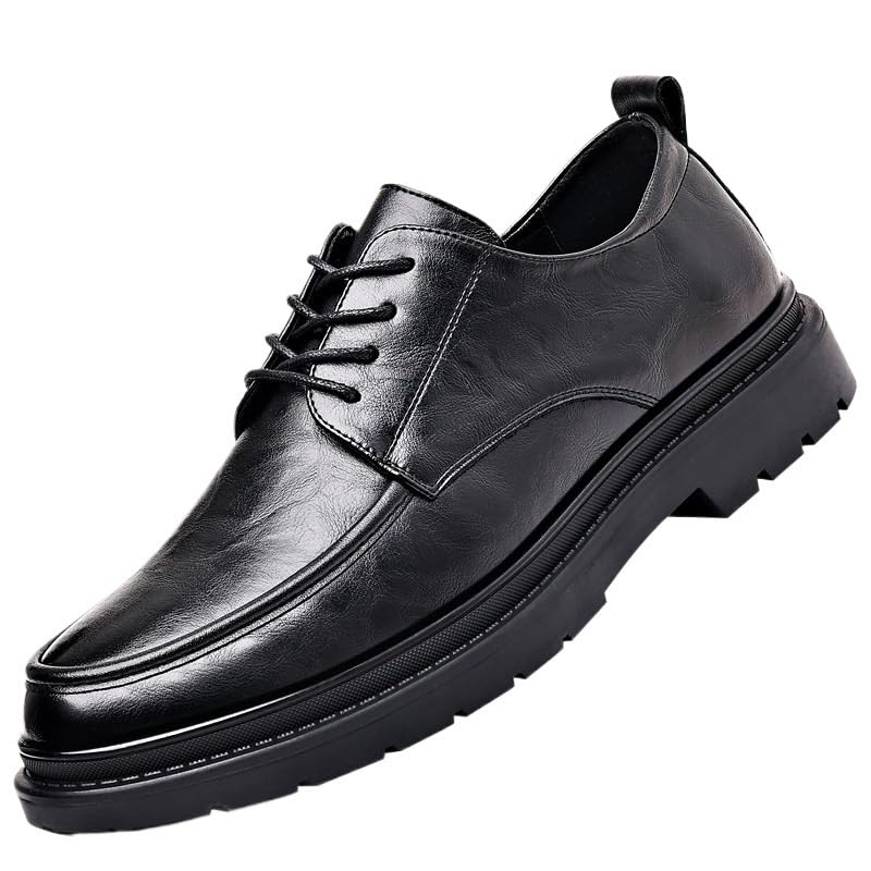 Men's Genuine Leather Platform Slip-On Oxfords Formal Pointed Toe Lace Up Casual Business Suit Tuxedo Shoes Mid Chunky Heels Formal Dress Loafers Low Top Work Dress Shoes(Black,8.5)