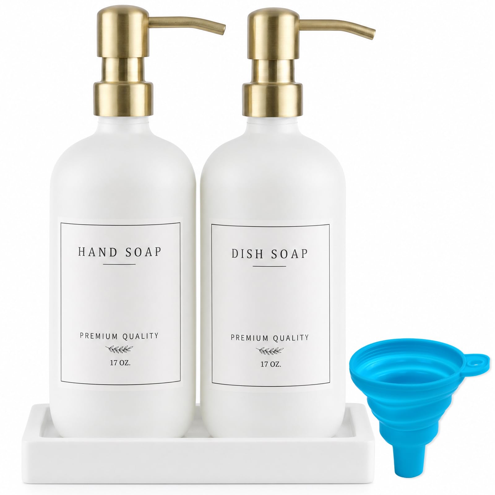 Thick Glass Soap Dispenser - Kitchen Dish Hand Soap Dispenser Set,Rustproof Pump Soap Lotion Dispenser Bathroom with Tray,14 Stickers for Kitchen Decor White Bottle/Gold Pump
