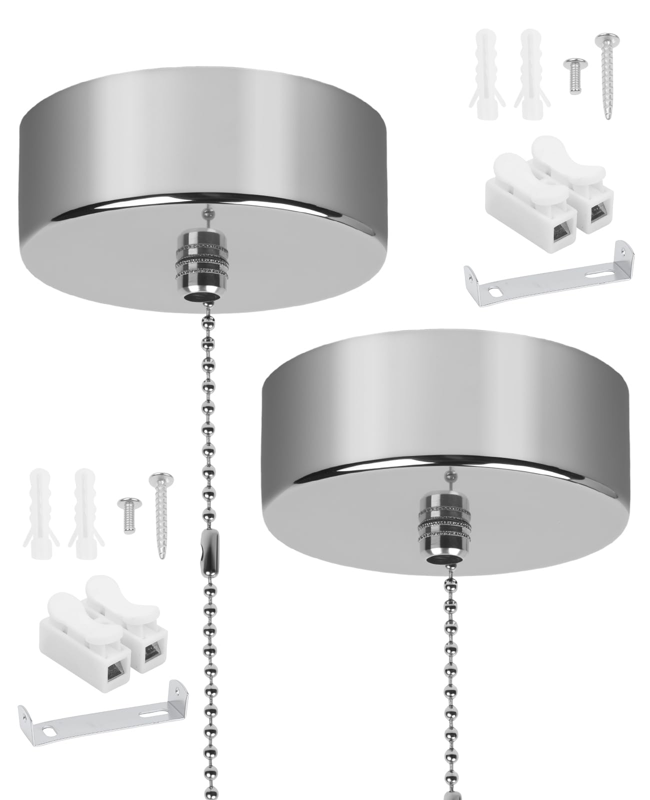 hommova 2 Pcs Bathroom Light Pull Cord, Ceiling Mounted Chrome Plated Round Pendant Light Switch Fitting with Chain 150cm