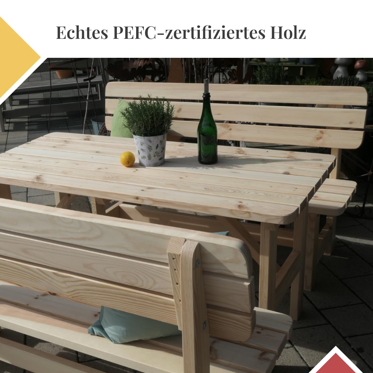Gartengarnitur aus Holz | Set bestehend aus Gartentisch & Bänken mit Lehne | Hochwertige Sitzgarnitur für den Garten | PEFC-zertifizierte Gartenmöbel für Draußen (Natur)
