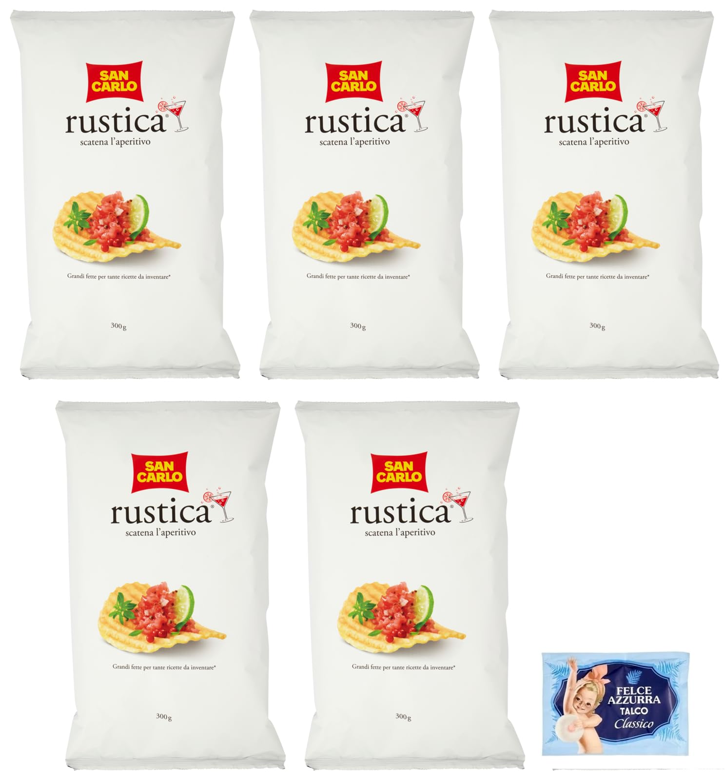 Confezione da 5 San Carlo Patatine Rustica, Busta da 300g + 1 Confezione di Talco Felce Azzurra in omaggio, Busta da 100g