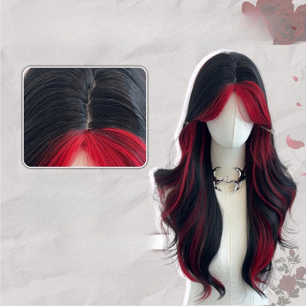 Black Red Highlight Long Wavy Wig for Women Middle Part Synthetic Long Red Ombre Curly Hair Wig Heat Resistant Fiber for Daily Use