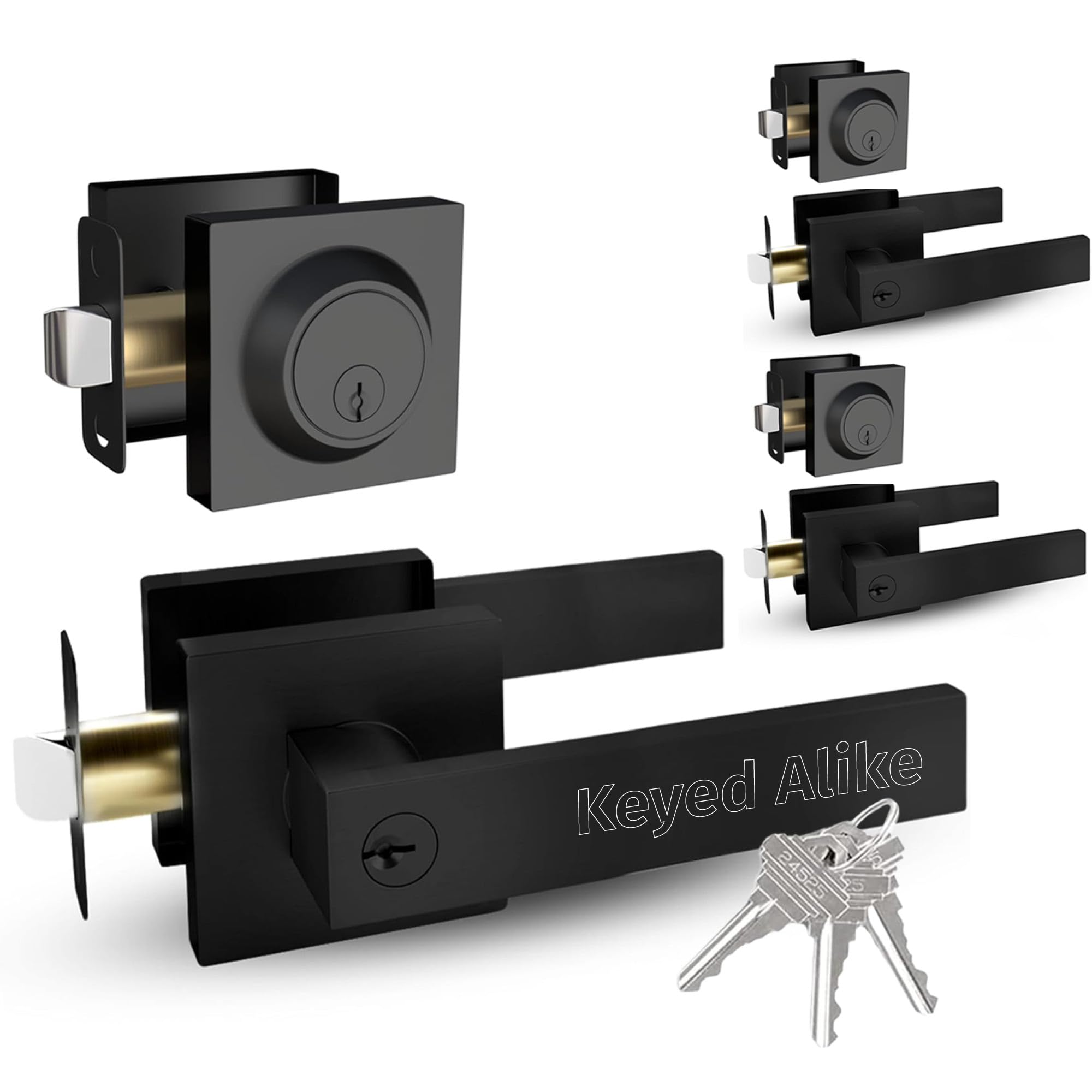 Mega Handles Paquete de 3 manijas de puerta de entrada I y cerradura de cerrojo de un solo cilindro y llave, juego de palancas de bloqueo cuadradas resistentes - Negro mate - Paquete de 3 - Llaves