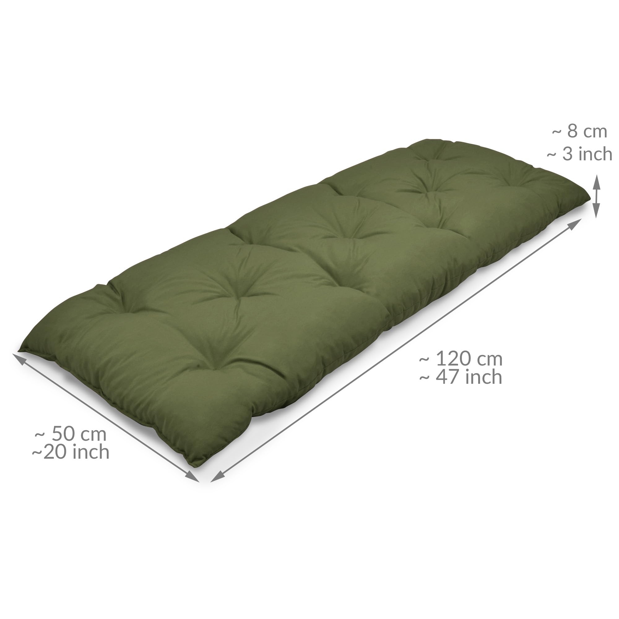 Beautissu Coussin Banc Flair BK - Extérieur pour Jardin, Terrasse, Balcon - Balancelle, Banquette - 120x50x10cm - Vert Olive