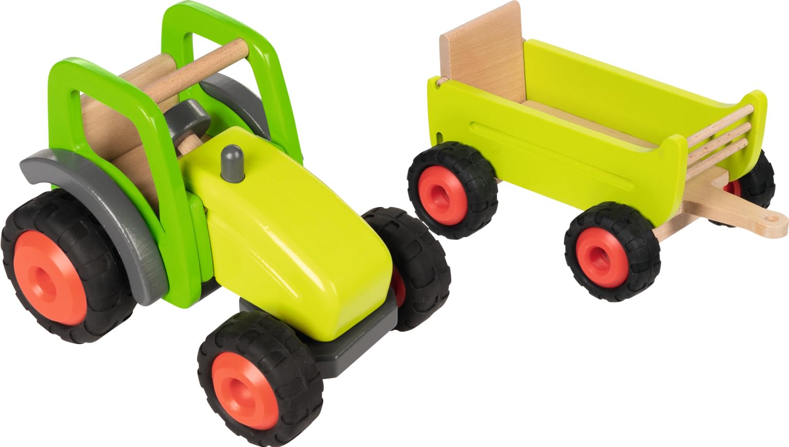 goki 55886 Traktor mit Anhänger aus massivem Buchenholz, Maße 45 x 16,5 x 16,5 cm – lenkbar, Gummibereifung, Robustes Holz-Spielzeug
