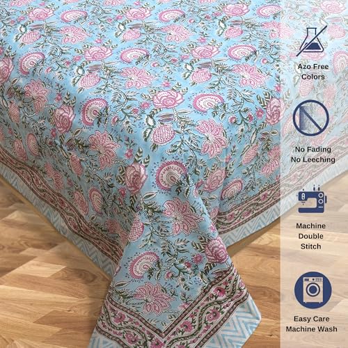 Image of TOAI Hand Block Printed Bedsheet | Bed Spread Flatsheet Bed Sheet | Pure Cotton | Queen Size 90 inchx108 inch | 300 TC Long Staple Cotton | 2 Reversible Pillow Covers |Pink Florals On Blue