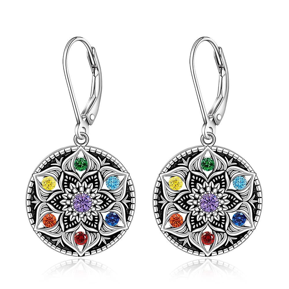 Mandala Chakra Earrings for Women Sterling Silver Yoga Lotus Flower Dangle Drop Earrings Flower of Life Protection 7