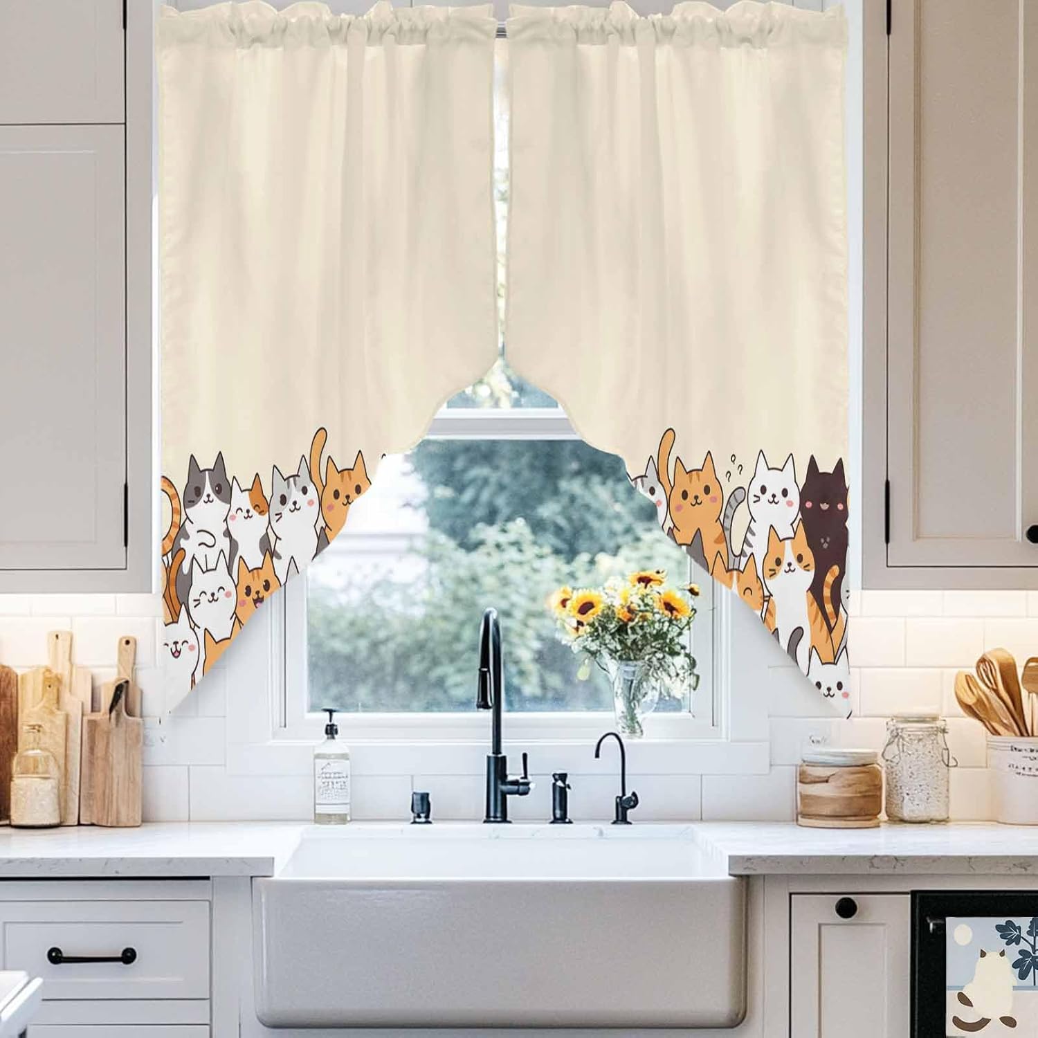 Animal Kitchen Curtains Cartoon Blush Cat Window Valance Set,Rod Pocket Curtains Swag for Bedroom Living Room,Swag Valances 36"x63"