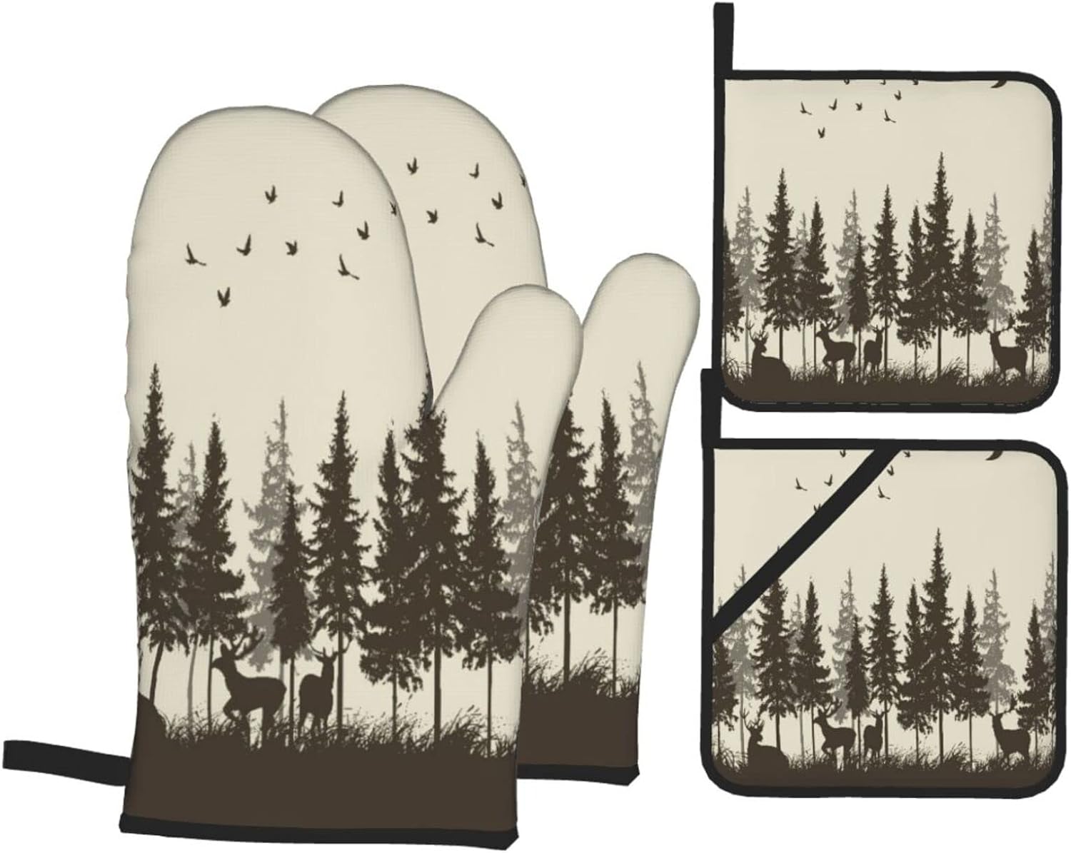 Oven Mitts and Pot Holders Sets of 4,Deer in The Forest Cabin Fog Bird Mountain Hunting Theme Yellow and Coffee Country Moose,Oven Mitts Heat Resistant Oven Gloves Set Potholders for Kitchen