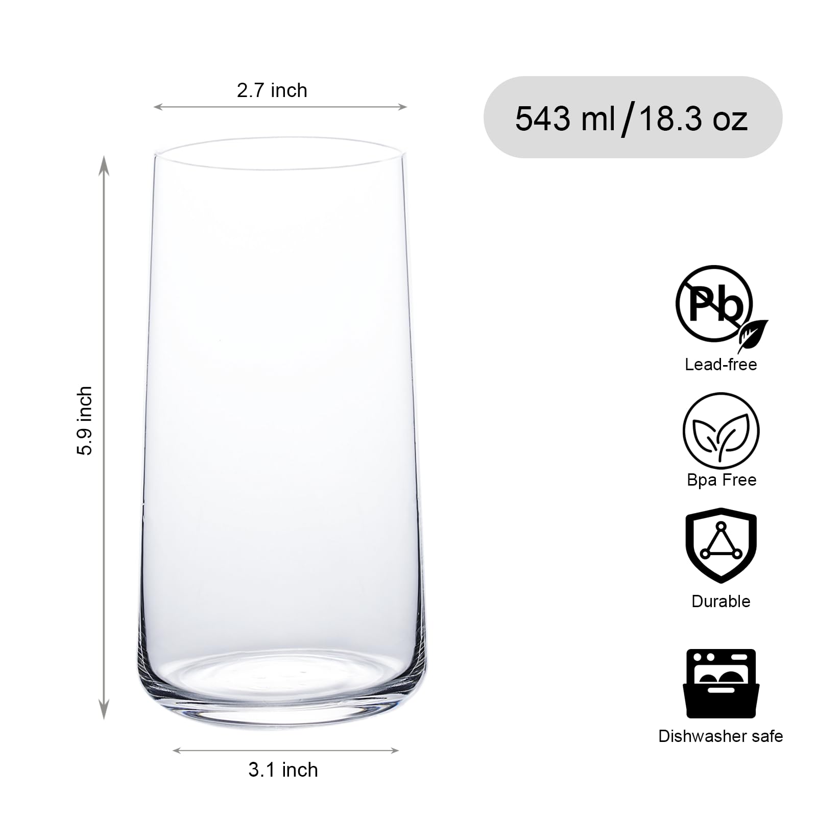 Wlasss Wassergläser, 6 Stück, große Trinkgläser, transparent, leicht, Glasgeschirr-Set für Saft, Eistee, Mojito, Küche und Bar