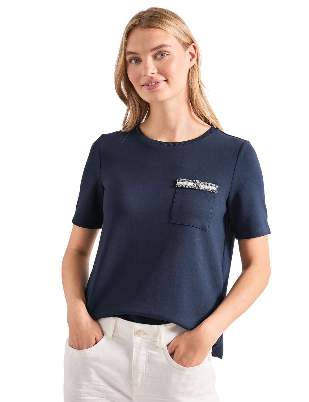 Street One Women's 3231192 T-Shirt with Decorative Chest Pocket (Pack of 1), Darkest Blue, 14