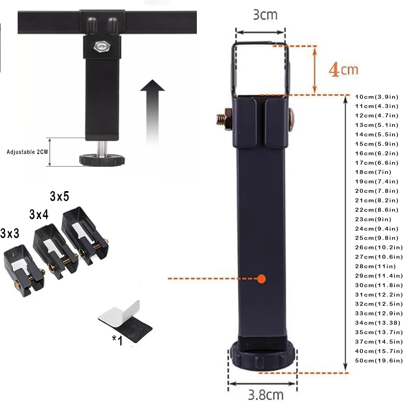 4 pièces Noir Pieds de Meubles en métal pour Sommier à Lattes réglables de Squelette de Support de lit Les Accessoires de Cadre de lit Peuvent serrer Un Tube (50cm(19.6in),Noir,3x4cm)