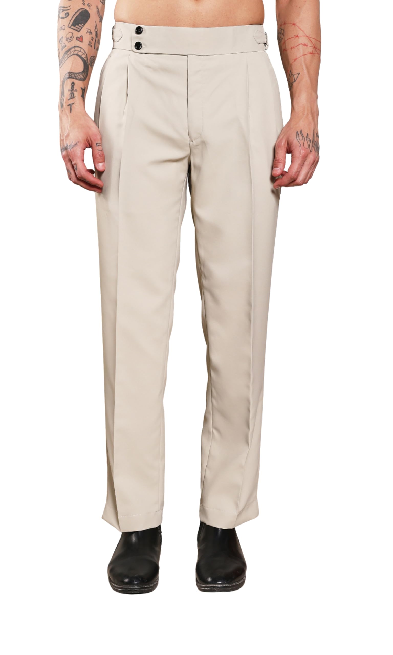 Men's Gurkha Pants Beige Double Button Style Pants Loose Fit High Waist Pleated Casual Trousers for Men-image-47