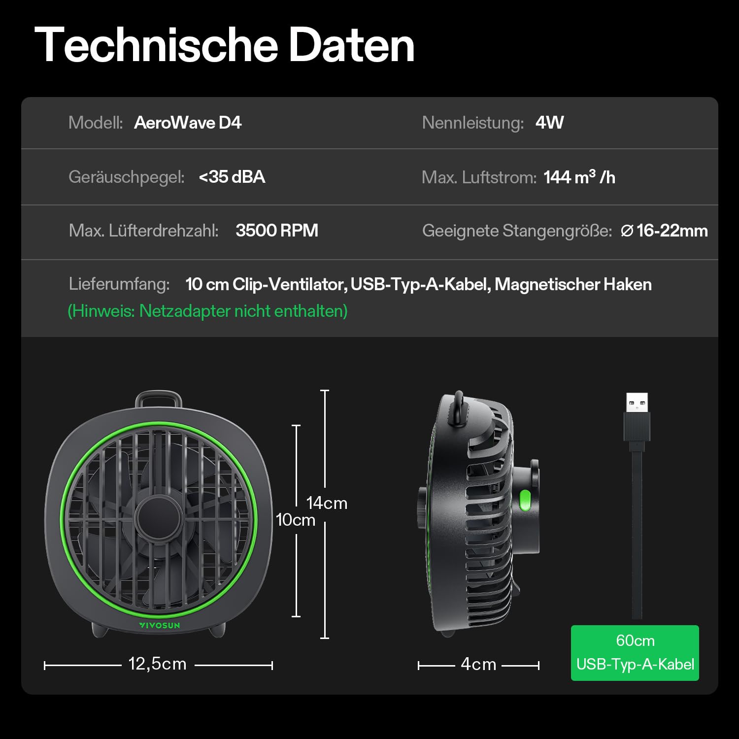 VIVOSUN AeroWave D4 10cm Grow Ventilator Clip Ventilator Grow mit Haken, 3 Geschwindigkeiten, Starker & Leiser Luftstrom, Luftstromwinkel Einstellbar für Hydrokultur, Zirkulation, Kühlung, 1 Pack