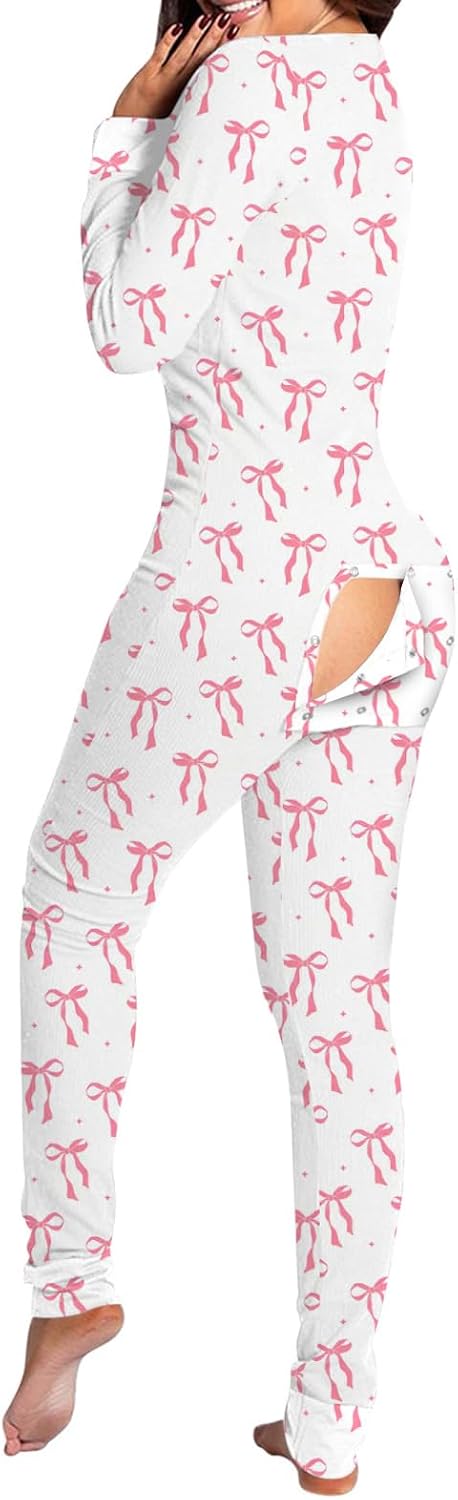 Women Butt Button Back Flap Jumpsuit Pajamas V-Neck Button Down Long Sleeve One Piece Bodysuit Rompers Sleepwear