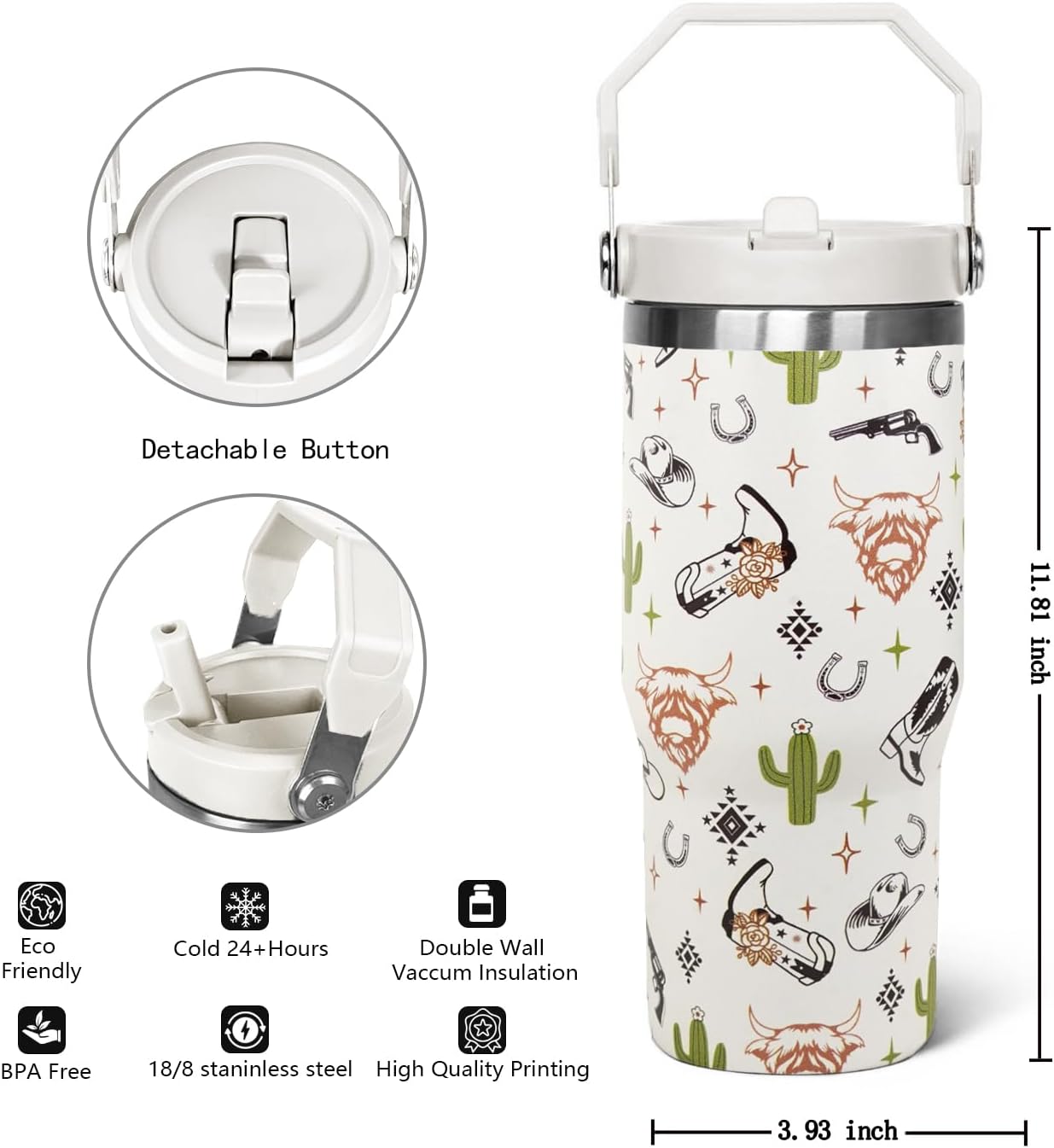 30oz Western Flip Tumbler with Handle lid and Straw,Cow Skull CoffeeTravel Mug Cup Water Botter,Western Stuff Decor Accessories - Image 6