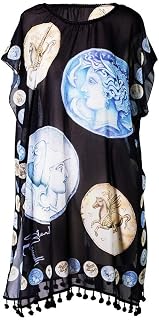 Kaftan for woman black with greek coin. Women's kaftan in silk chiffon with artistic prints that come from paintings. One size, cover-up, dress, sarong, long light summer beach dress. Made in Italy.