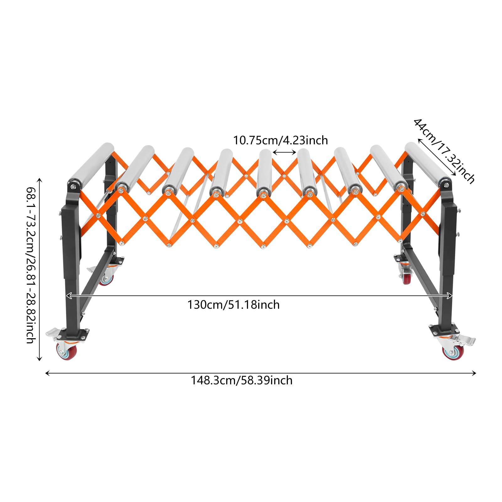 Light-Duty Gravity Conveyor,Adjustable Roller Conveyor Table with 4 Universal Wheels(with Brakes), 176LBS Capacity, Floor Standing Expandable Conveyor Roller for Warehouses, Supermarkets, Docks,Etc