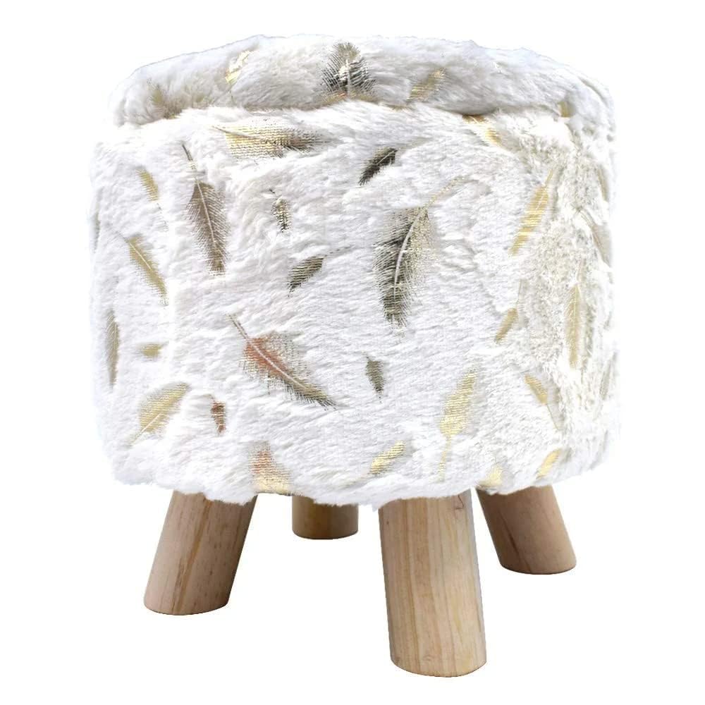 BuenoVida Round Ottoman Stool with Wooden Legs, Off White Faux Fur | Feather Print, Multipurpose Footrest, Side Table Use, Living Room Decor, Padded Seating-image-23