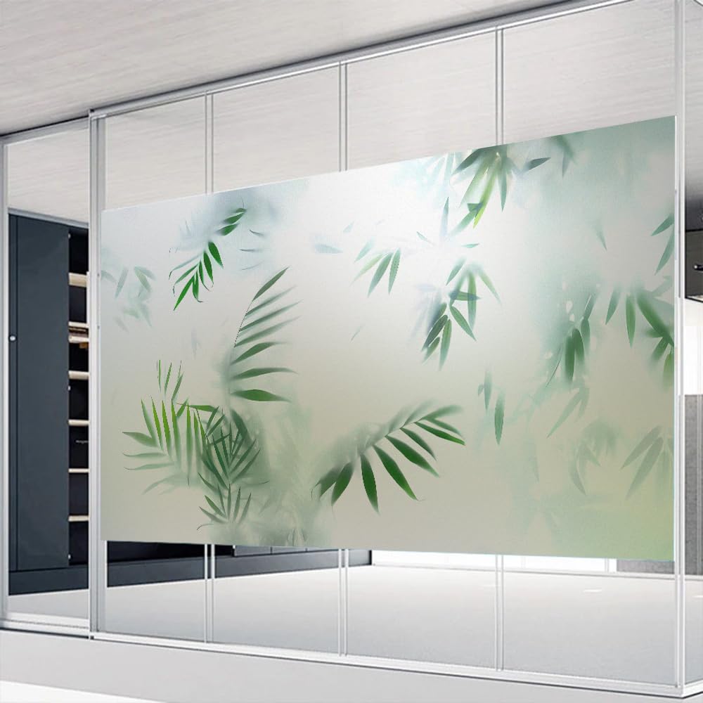 Frosted Green Leaves Decorative Privacy Window Film Static Cling UV Blocking Heat Control Glass Window Sticker(160x90cm)
