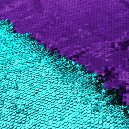 VACVELT Flip Sequin Fabric by The Yard Half Yard Reversible Sequin Fabric Turquoise + Purple Glitter Fabric Sparkly Mermaid Sequin Fabric for Graffiti Bridal Dress Wedding Decorations Sewing