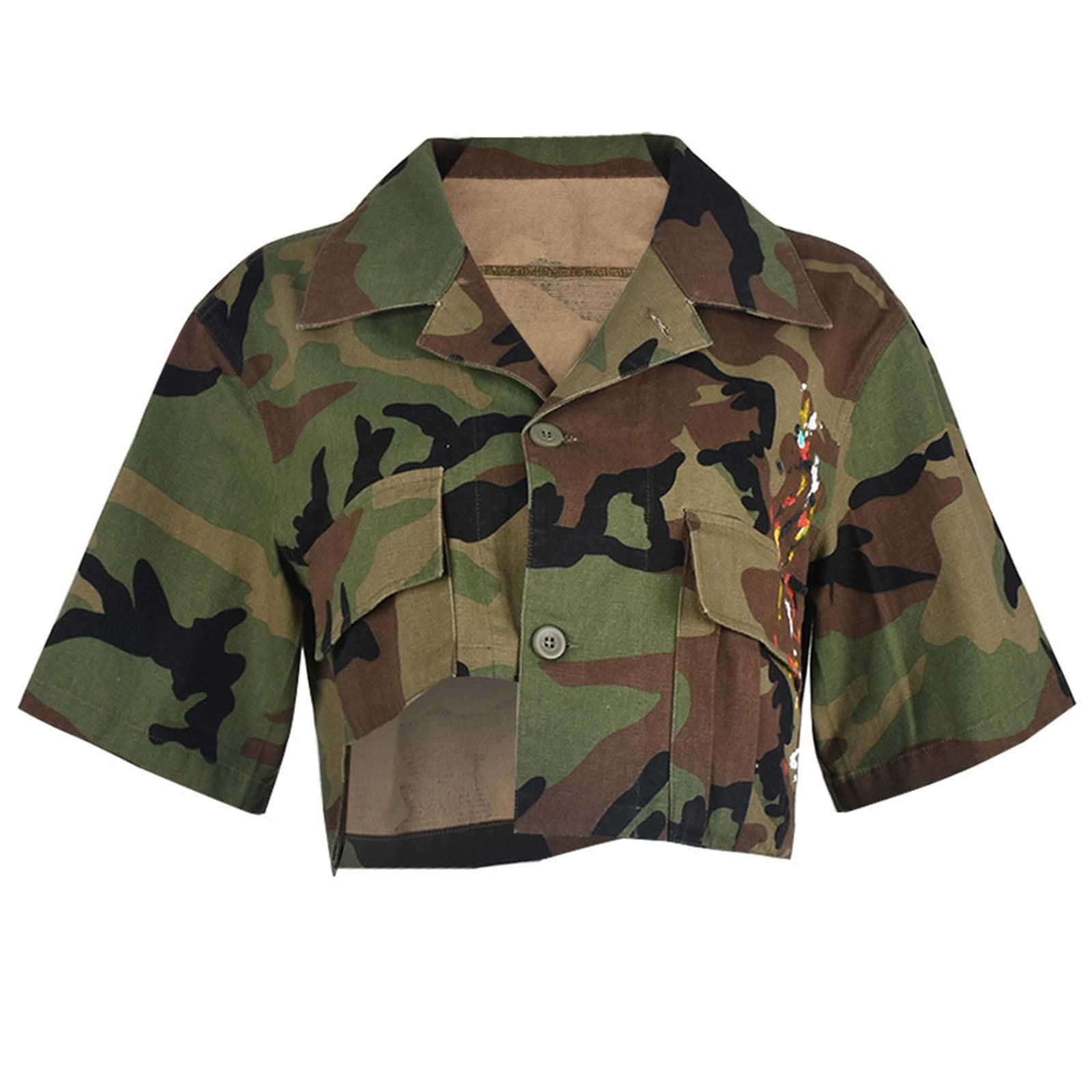 Novaorily Womens Summer Cute Camo Button Down Cropped Jean Jacket Casual Lapel Outwear Denim Shirts Blouse Top