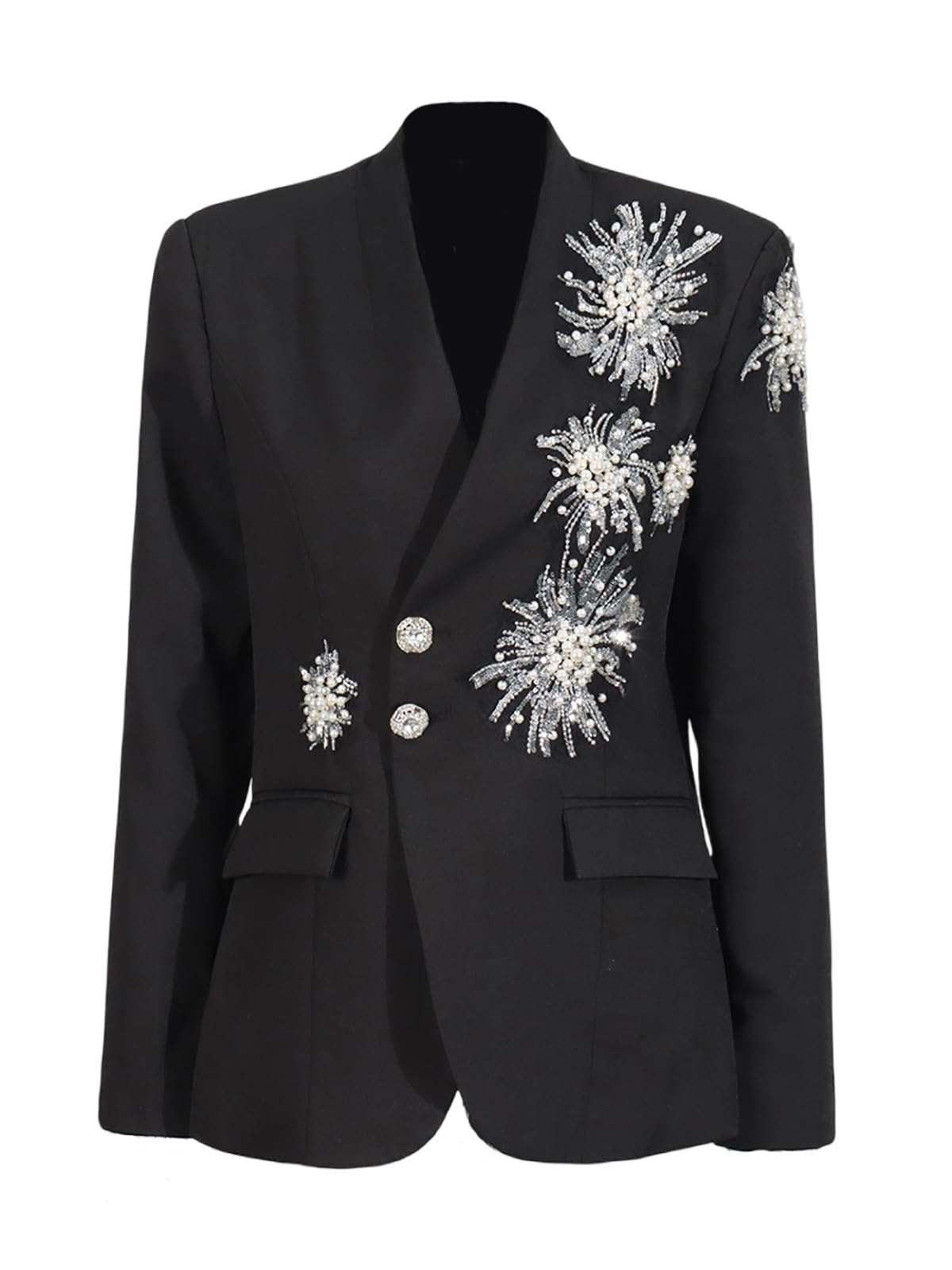 Fashion Womens Suit Blazer Crystal Floral Embellishments Blazer Jacket Pearl Beading Patchwork Diamonds Female Formal