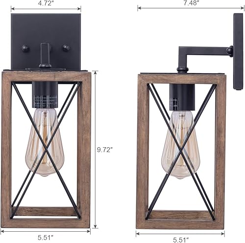 Miniatura 4 de VILUXY Apliques de pared de madera, retro, industrial, rectangular, rectangular, para mesita de noche, cable enchufable con interruptor, lámpara de