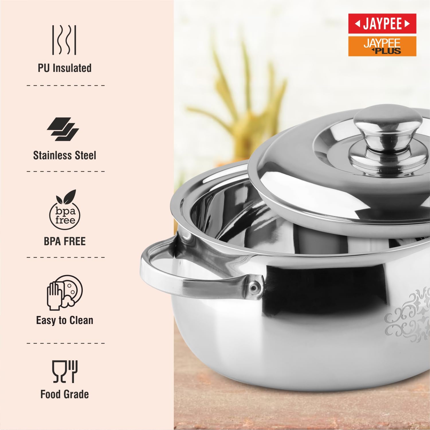 JAYPEE SteelGrip Stainless Steel Casserole 2 Liter PU Insulated with Side Handles Press Fit Lid BPA Free Food Grade Hot Pot for Meal Easy to Store Ideal for Pulao Chapatti Roti Serving Casserole Set 2