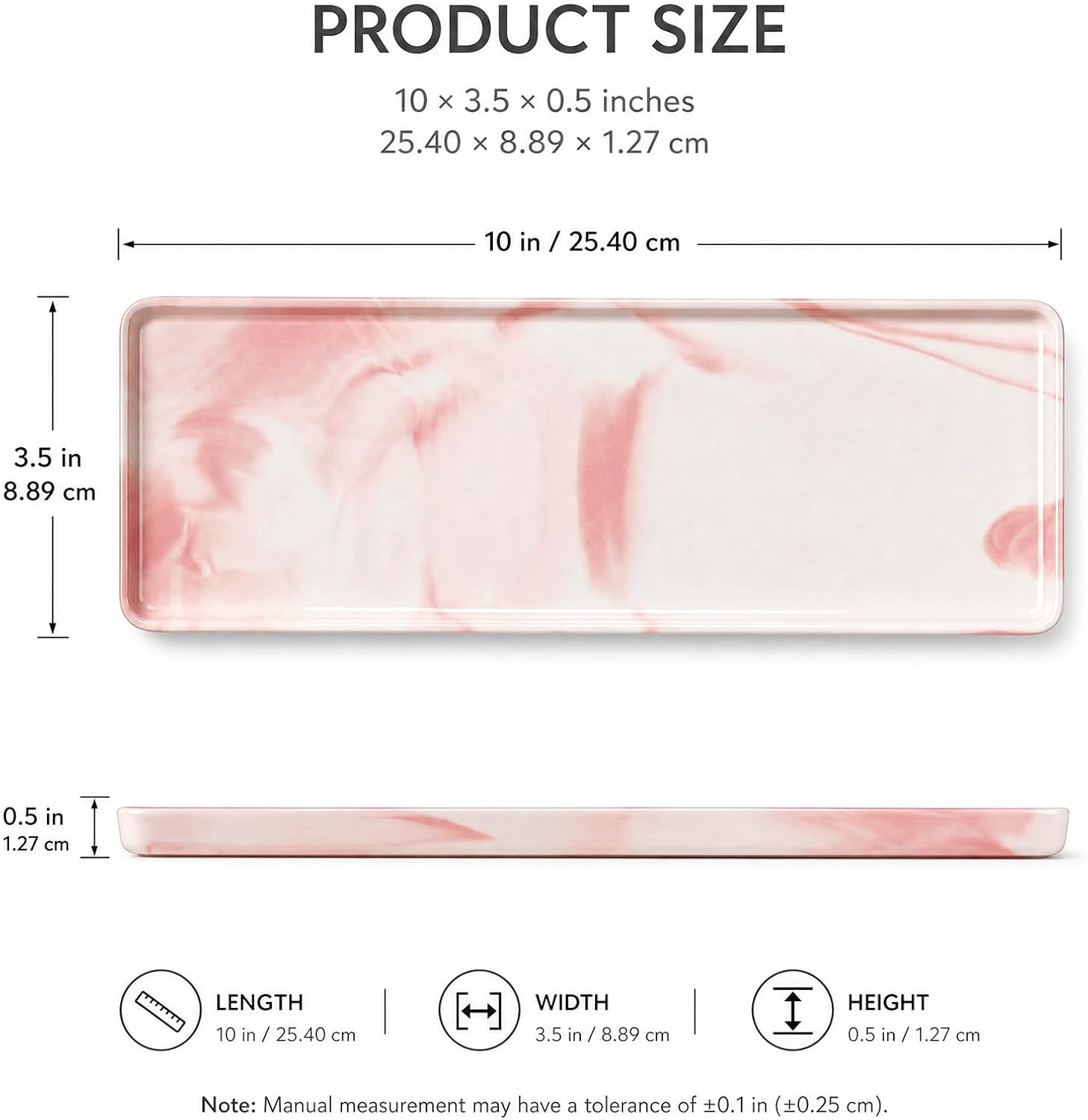 10″ x 3.5″ Ceramic Bathroom Vanity Tray, Rectangular Decorative Countertop Tray for Bathroom Kitchen, Ceramic Organizer Tray for Perfume, Candle, Jewelry, Cosmetics, Soap Dispenser, Marble Pink image 3