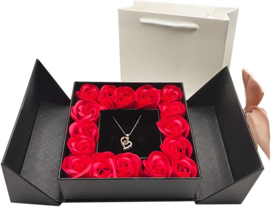 Eternal Roses Gift Box with Design Necklace 100 Languages Love You Birthday Gifts for Her Women Wife Mom Girlfriend on Anniversary Mothers Day Valentines Day Christmas(Black, Heart)
