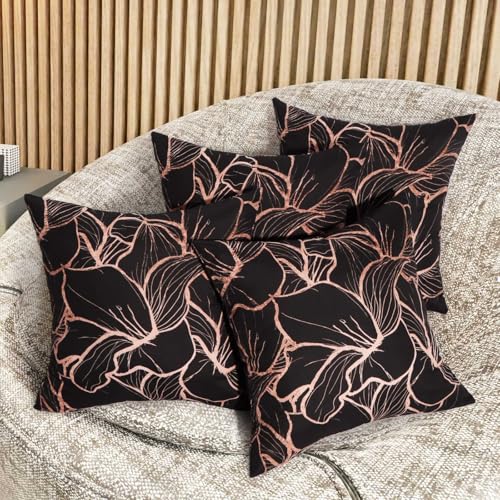 Betadistor Black Cushion Covers 45 x 45 cm with Gold Floral Print Modern Decorative Throw Pillow Covers Blue Pillowcases for Sofa Patio Home Decor Set of 4, Gold Black, 514-0304