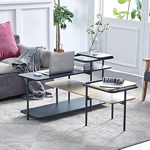 Modern Stackable Coffee Table Set of 2 for Living Room, Industrial Design Nested Tables Nesting Tables with Black Metal Frame Space Saving Cover