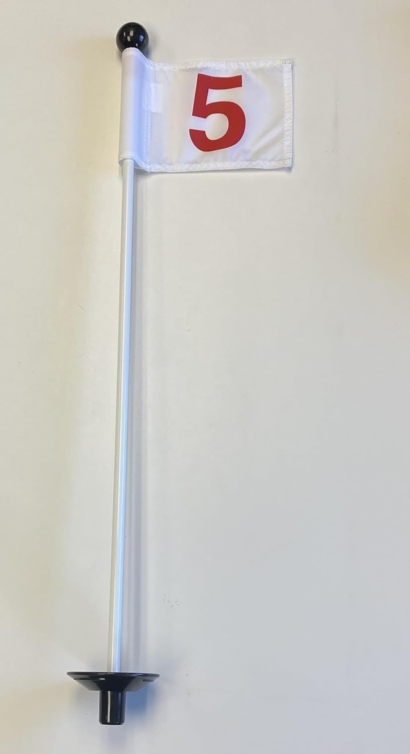 33-inch Golf Practice Putting Green Pin Marker with Attached Ball Retrieval Disk + White Flag with Red Numbers (White Flag w/Red #5)