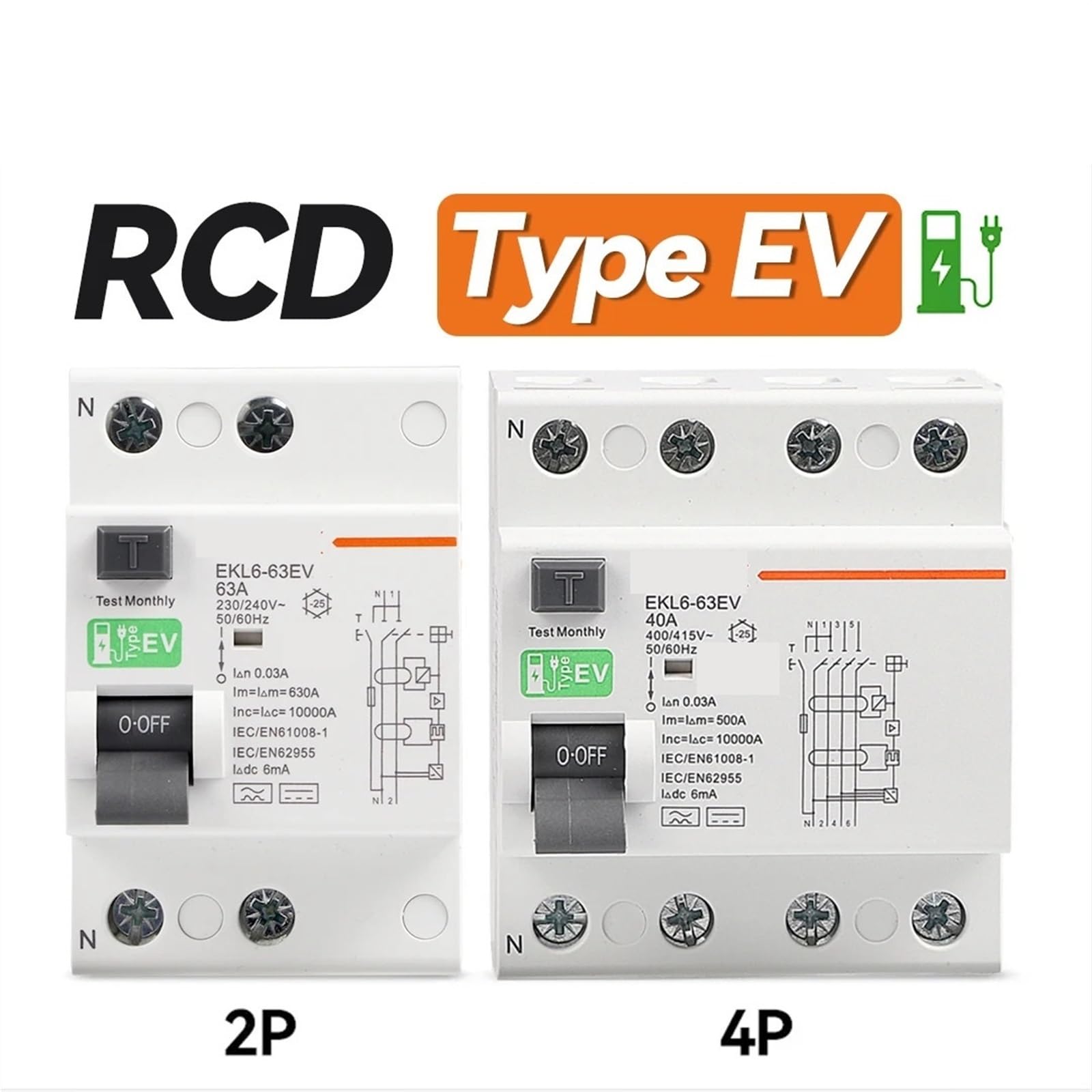 Interruttori differenziali 2P 4P for stazioni di ricarica for auto EVSE RCD 40A 63A 30mA EKL6-63EV 10KA 1 pz(4P,40A)