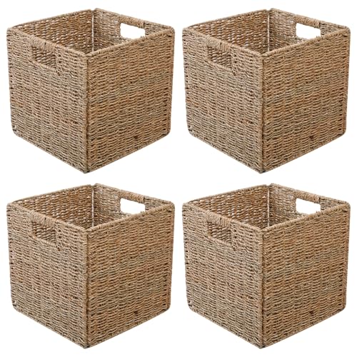Aolawco Kallax Lot de 4 paniers de rangement tressés pliables en osier pour le rangement - 28 x 28 x 28 cm - Panier de rangement stable avec poignées de...