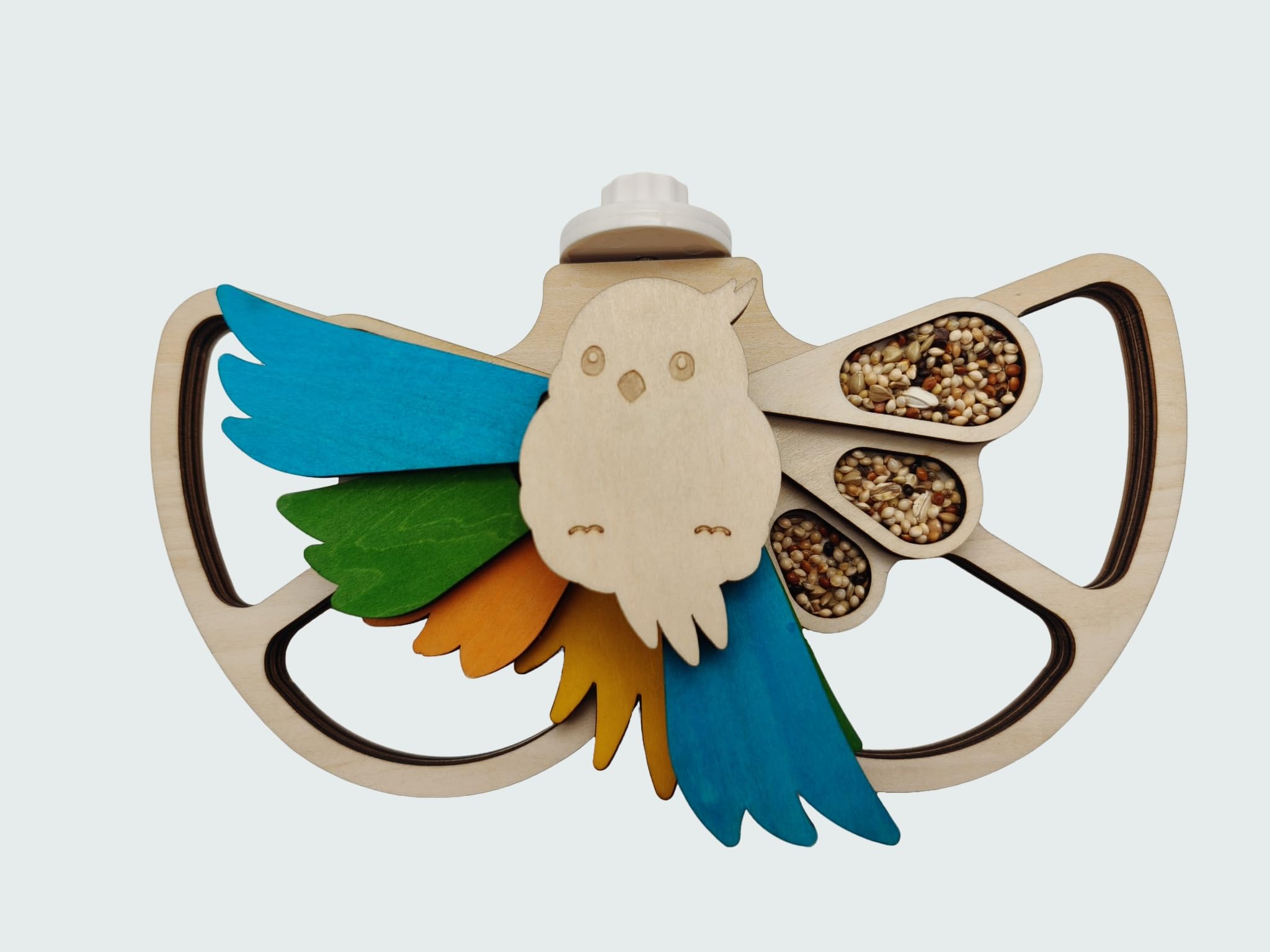 Interactive Parrot Foraging Toy - Natural Wood Puzzle Feeder & Chewable Perch for Small & Medium Birds (Conures, Cockatiels, Lovebirds) - 6 Hidden Food Holes, Movable Feathers & Easy Cage Mount