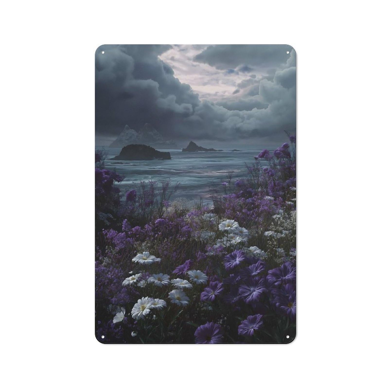 Junmoney Style-23 30X20cm Rustic Tin Sign With Coastal Landscape With Flowers And Islands For Dining Room Or Kitchen, A Decorative Metal Sign For Kitchens And Dining Spaces