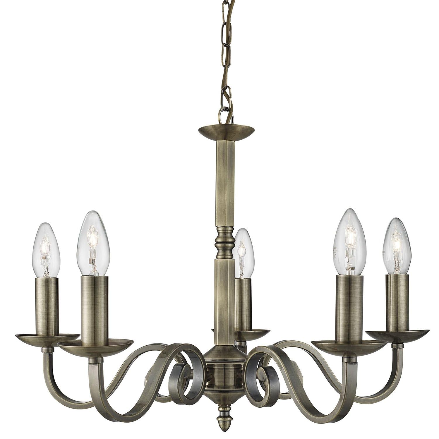 Search 5 Pendant, Scroll Arms Detail, Antique Brass Light