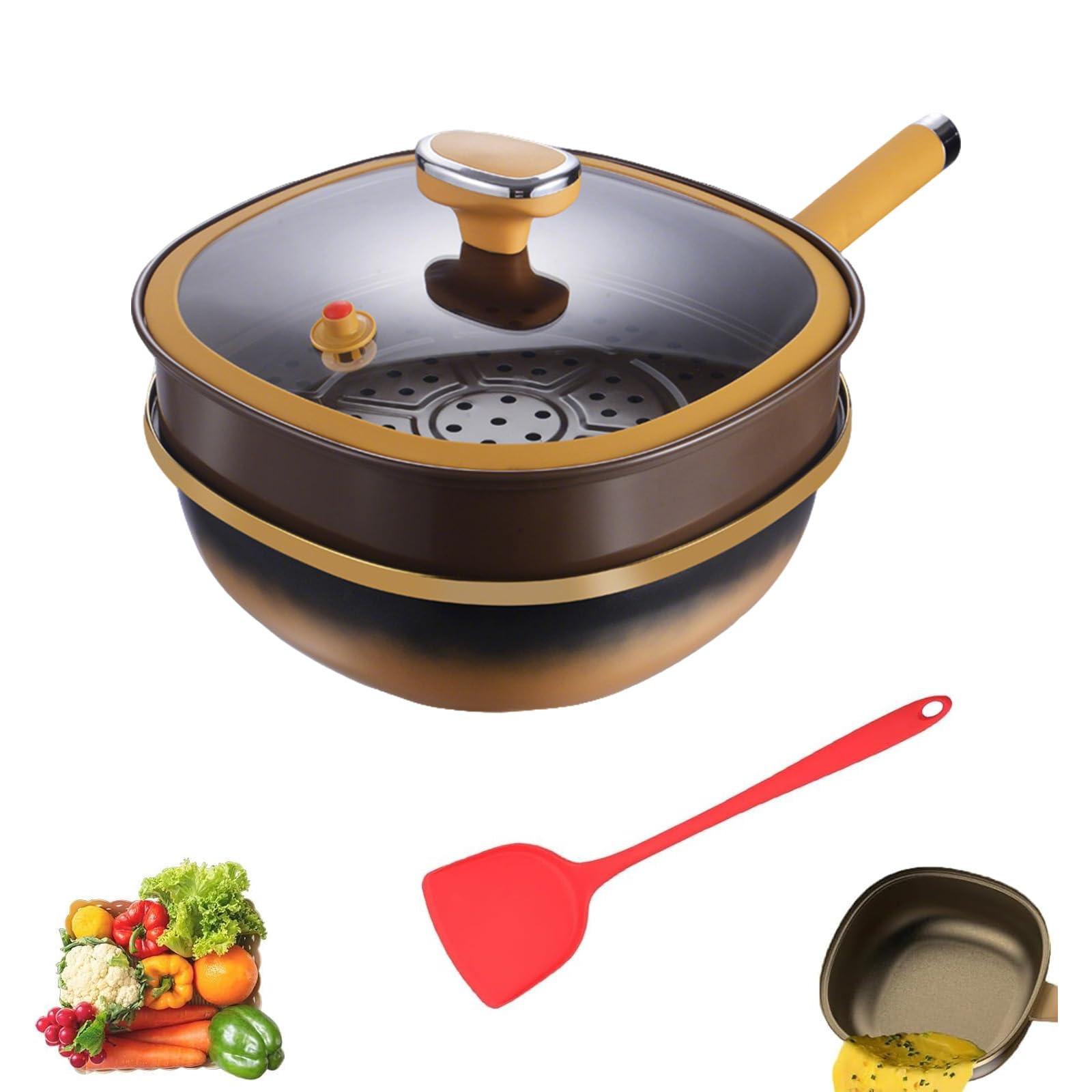 Wongify 12in Titanium Alloy Non-Stick Pot with Lid – Deep Titanium Cooking Pan, Non Stick Frying Pot with Steamer Basket for Stir-Frying, Frying & Stewing, Home Kitchen and Outdoor Camping (B)