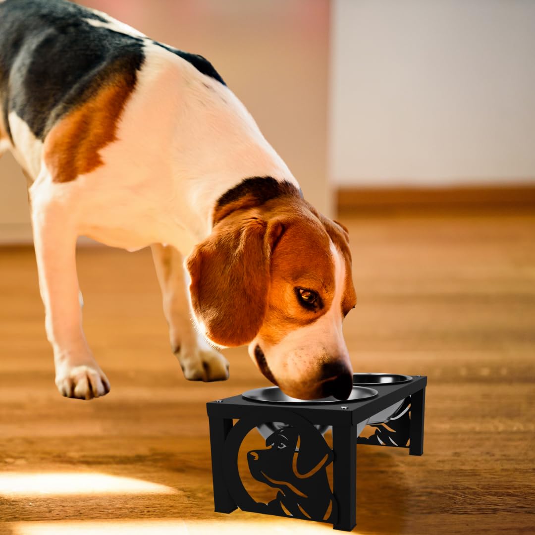 COGO Masty Pet Feeder| 2 Stainless Steel Bowls (1000 ml Each) | Elevated Feeding Bowls for Medium & Large Dogs & Cats | 5.5 x 7.5 x 15 inch | Strong & Stable Metal Frame | Colour: Matt Black 4