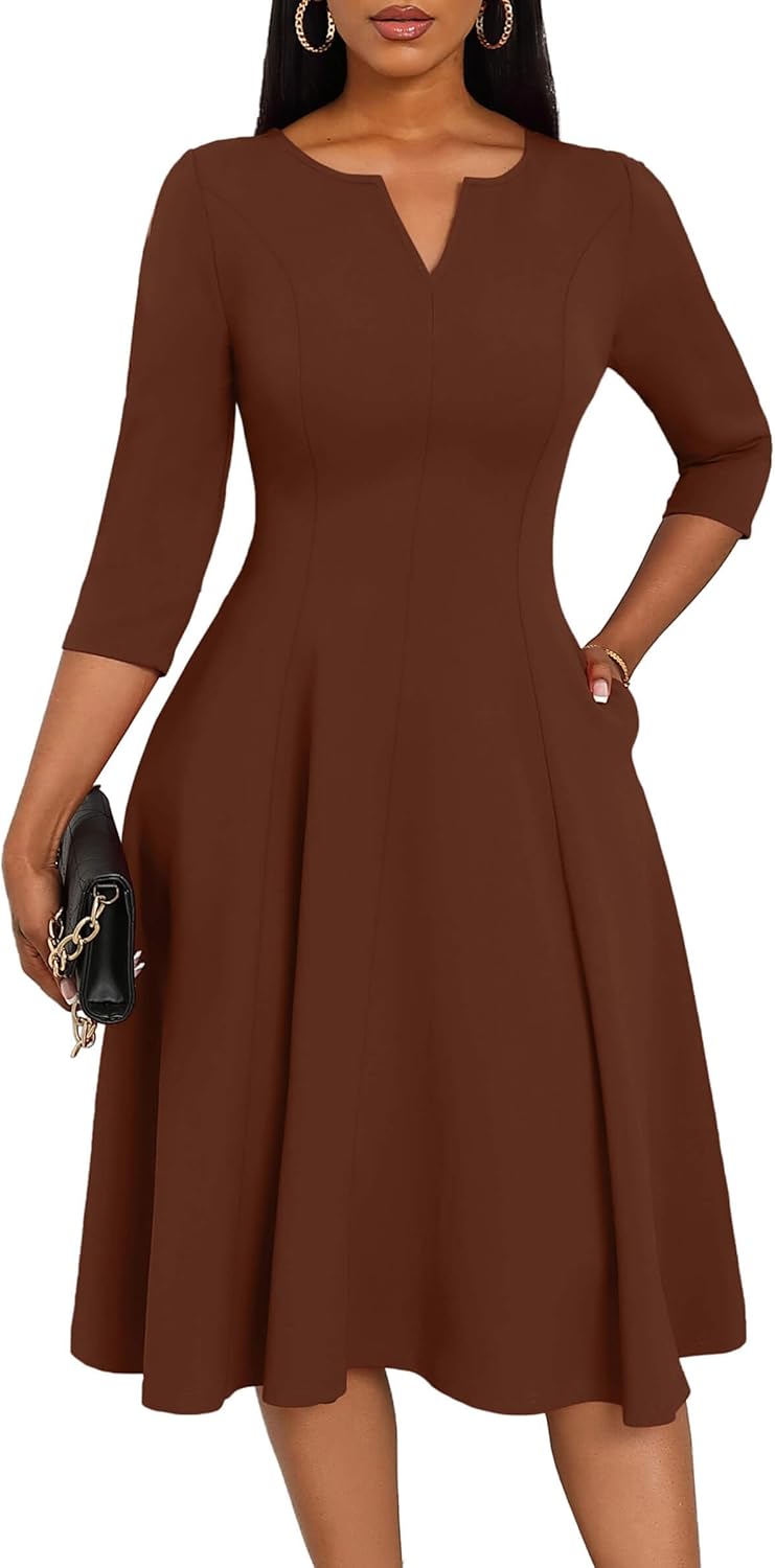 Nmoder Midi Dresses for Women A-Line Fit and Flare Dress 3/4 Sleeve V Neck Cocktail Wedding Guest Work Dress with Pockets