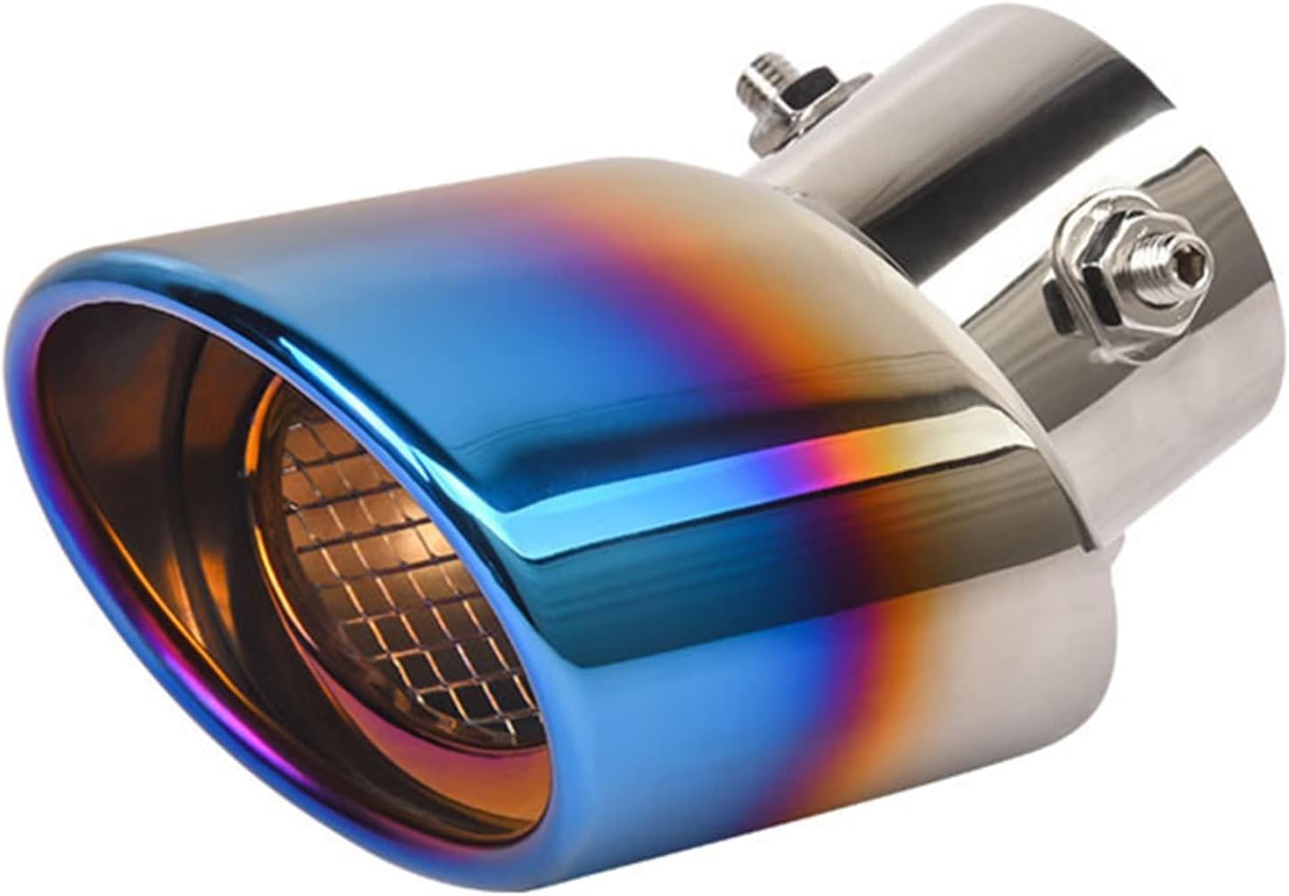 AutoBizarre Stainless Steel Burnt Blue Holographic Blue Shark Net Pattern Oval Sloped Curved Bent Pipe Car Exhaust Tail Muffler Grilled Silencer Tip Car End Pipe Tail Show Pipe Universal for All Cars